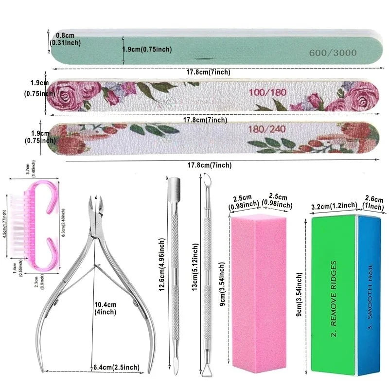 10 Pcs Manicure Set Cuticle Pusher Clippers Nail Art Files Buffer Sanding Tool Cleaning Brush Dead Skin Scissors Nail Care Kits
